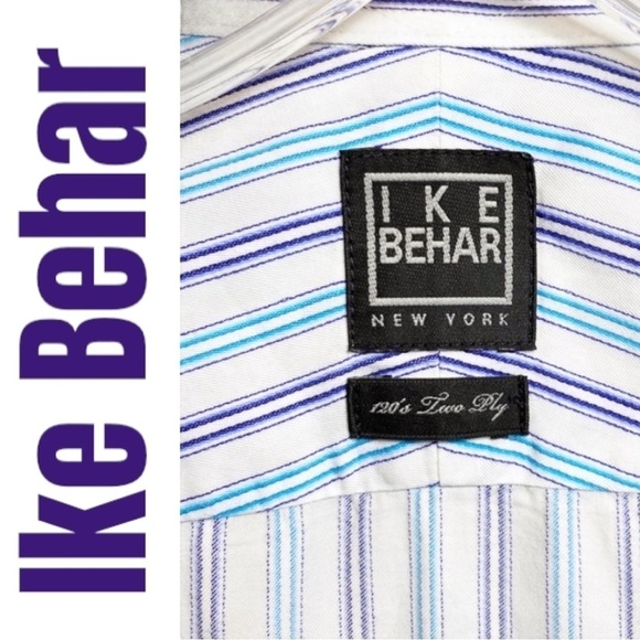 IKE BEHAR 100% Cotton Long Sleeve Striped Button Up Dress Shirt, Size 17 - Picture 4 of 10